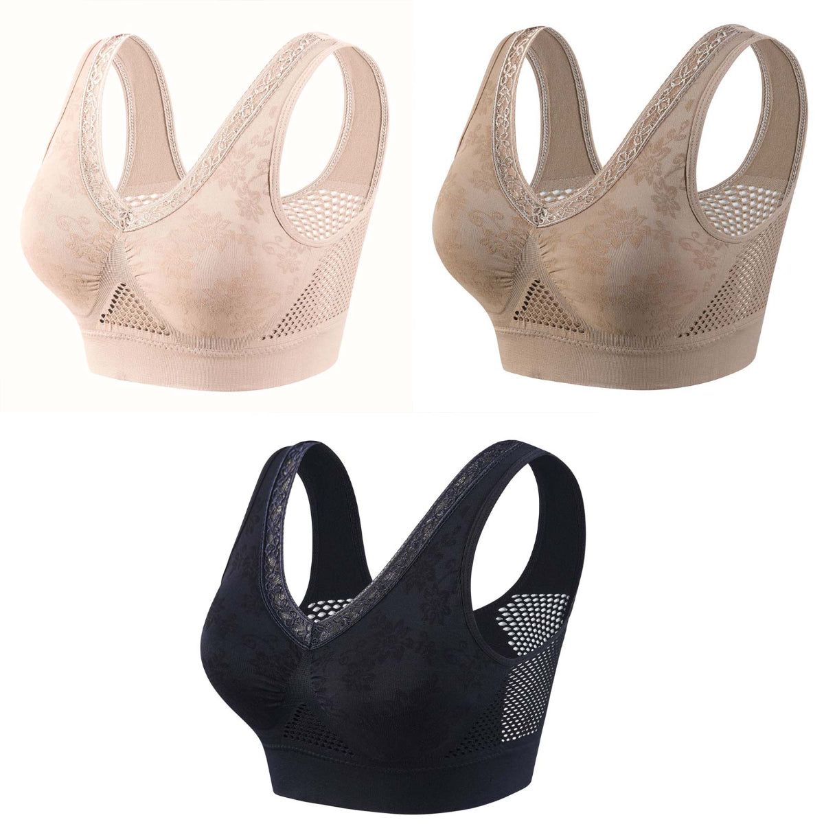 🔥👙【40-120 kg】【3dílné balení】✨Tenká damská podprsenka bez kostic, vysoce elastické ramínka, velká síťovina pro prodyšnost