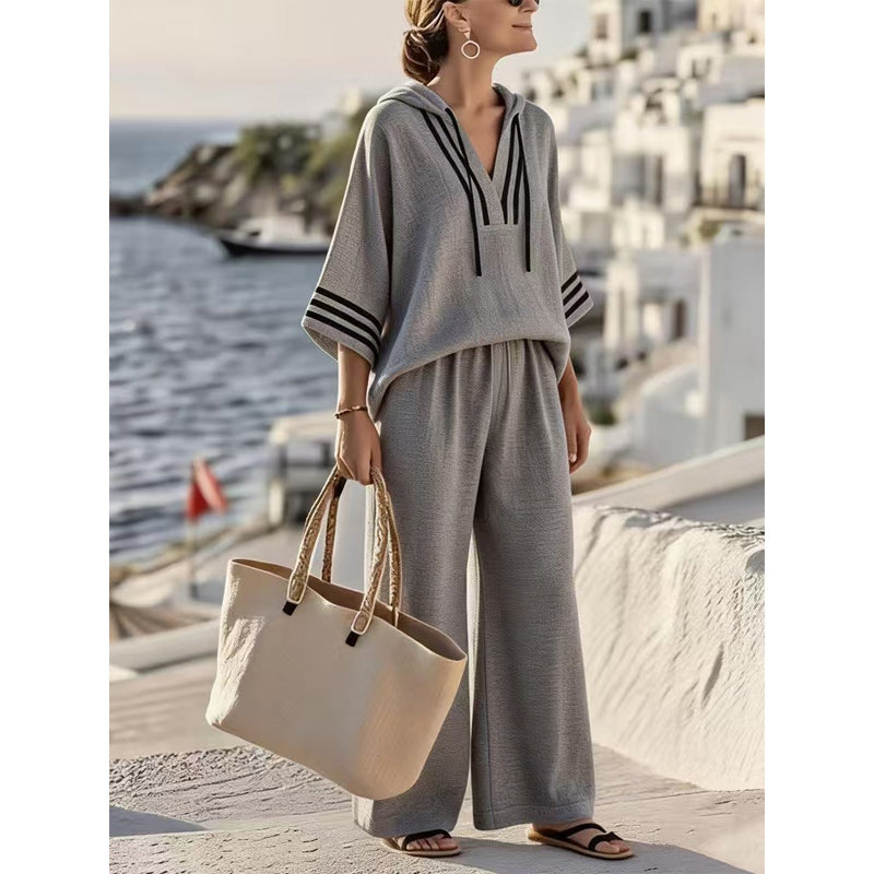👚👖【S-5XL】【Top + Kalhoty】Nová ležérní dvoudílná sada: Top s kapucí a tříčtvrtečním rukávem + kalhoty s širokými nohavicemi✨