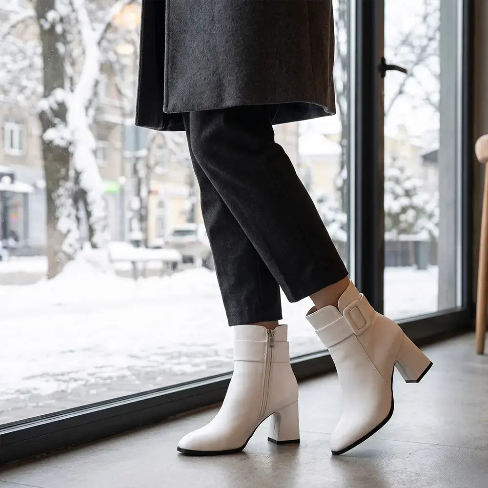 【35-40】Nowe, jesienno-zimowe, damskie, skórzane, ciepłe, pluszowe buty na wysokim obcasie