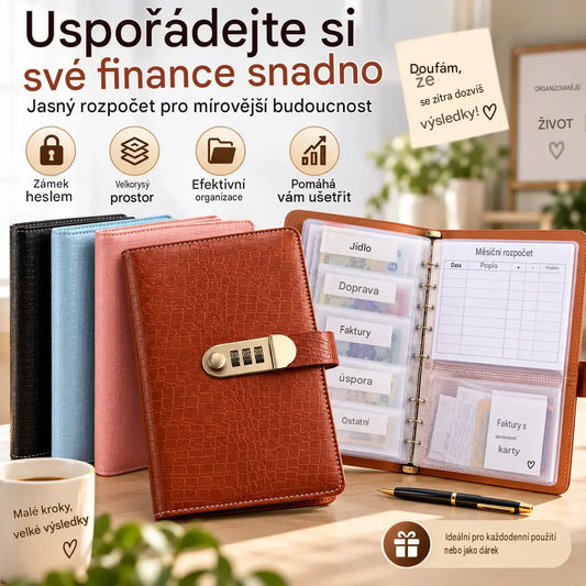 📓💰🔐K uložení šeků, hotovosti, bankovních karet a různých dokladů používejte zápisník chráněný heslem.