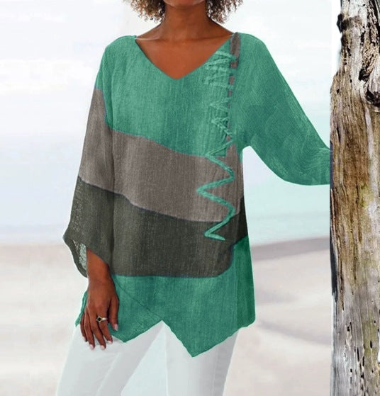 ⏳ Utolsó nap – 50% kedvezmény 😍【S~5XL】Női elegáns hétköznapi felső: V-nyakú, hosszú ujjú, művészi mintás nyomat